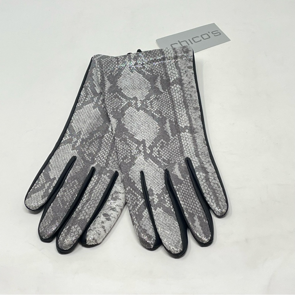 Chico’s Leather Driving Gloves Metallic Exotic Snakeskin Print Sz 3 NWT